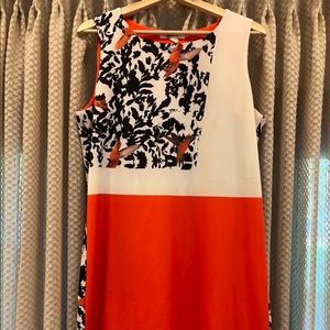 Aryeh brand summer shift dress, size L. Colorblock w/ floral & hummingbird motif